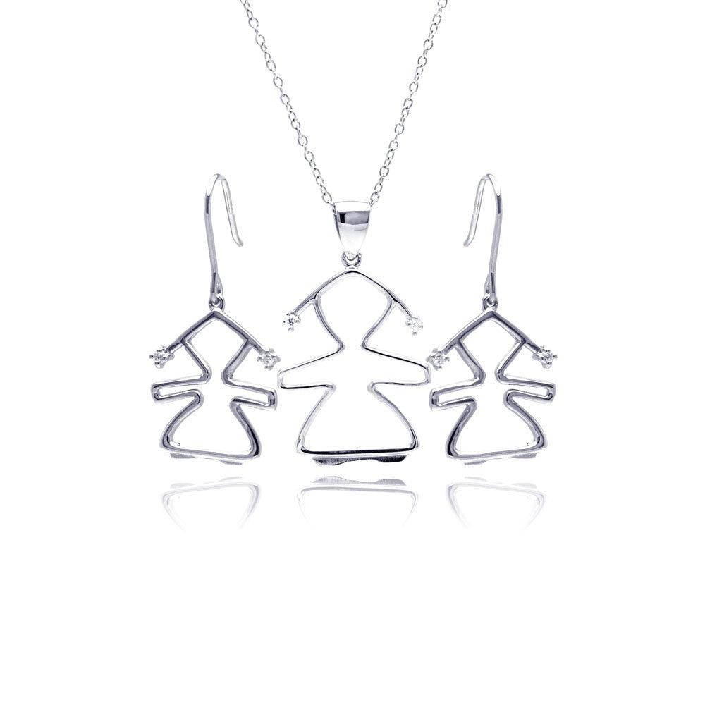 Silver 925 Rhodium Plated Open Girl CZ Dangling Hook Earring and Necklace Set - STS00362