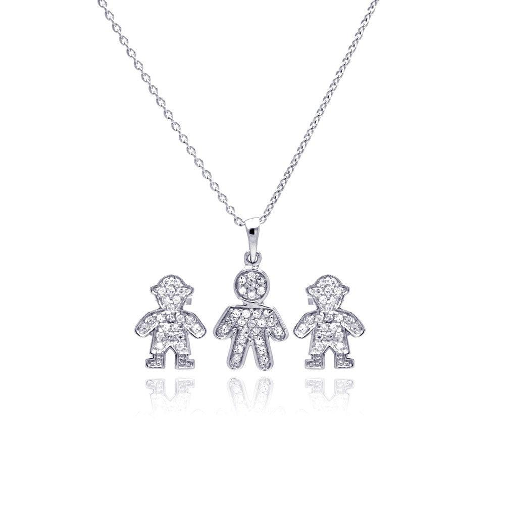 Silver 925 Rhodium Plated Open Filigree CZ Boy Stud Earring and Necklace Set - STS00363