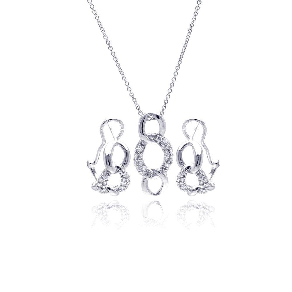Silver 925 Rhodium Plated Open Circle Link CZ Lever Back Earring and Necklace Set - STS00364