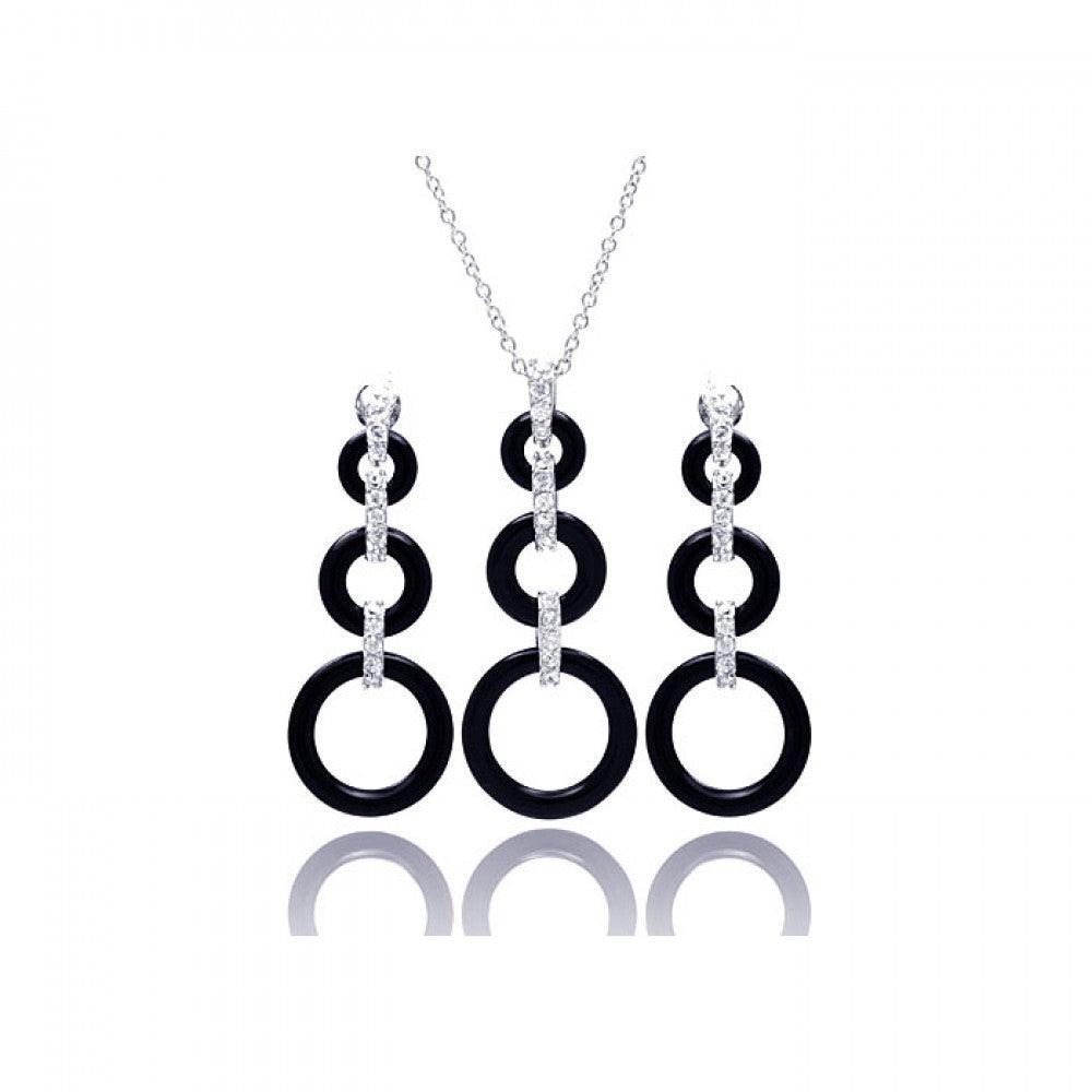 Silver 925 Rhodium Plated Open Graduated Circle CZ Black Onyx Dangling Set - STS00366