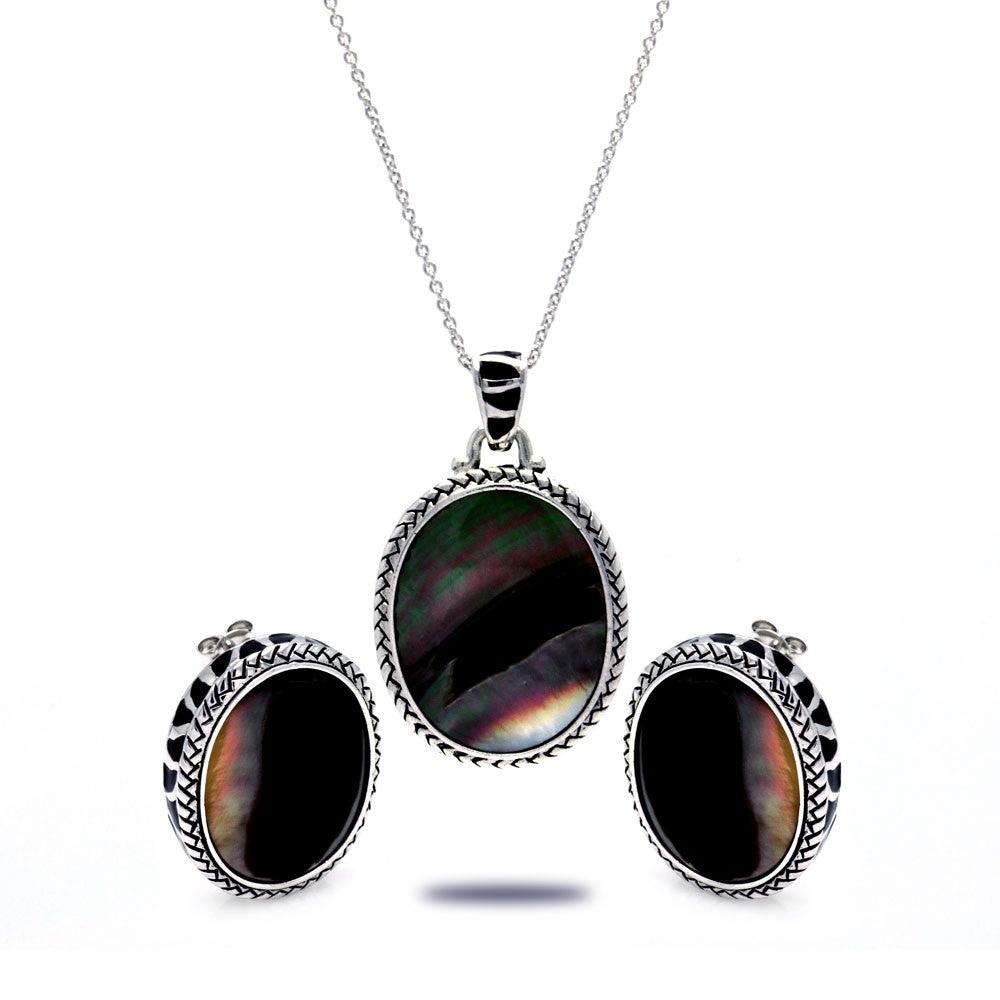 Closeout-Silver 925 Rhodium Plated Black Oval MOP CZ Stud Earring and Necklace Set - STS00368