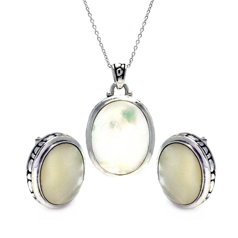 Closeout-Silver 925 Rhodium Plated White Oval Mother of Pearl CZ Stud Earring and Necklace Set - STS00369