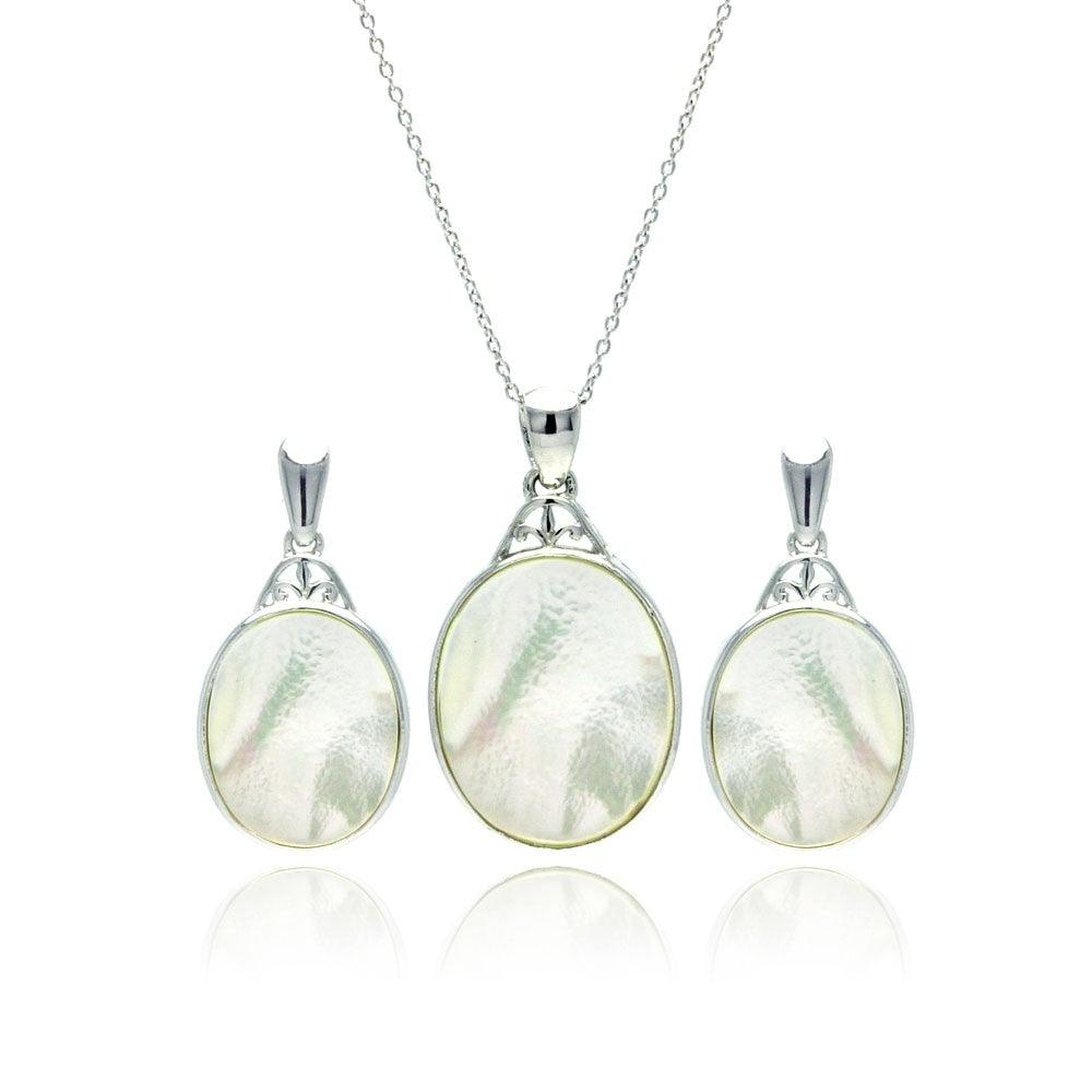 Closeout-Silver 925 Rhodium Plated White Oval Mother of Pearl CZ Dangling Stud Earring and Necklace Set - STS00370