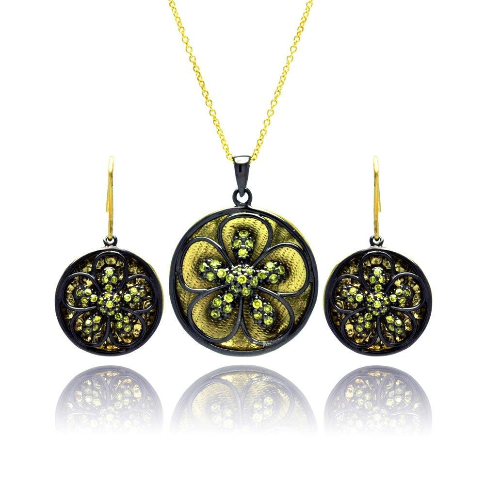 Closeout-Silver 925 Black Rhodium Gold Plated Flower CZ Dangling Stud Earring and Necklace Set - STS00375