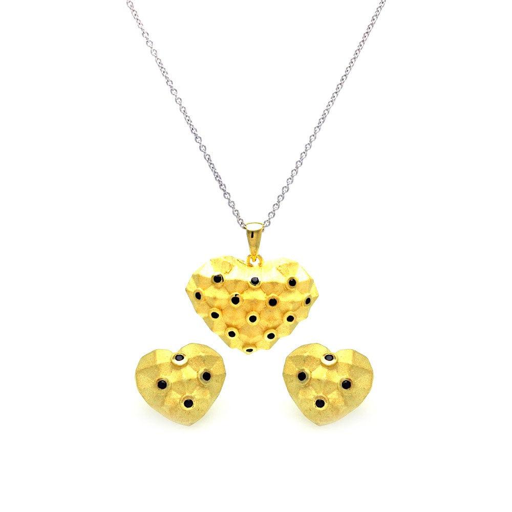 Closeout-Silver 925 Gold Plated Black Polka Dot Heart CZ Stud Earring and Necklace Set - STS00379