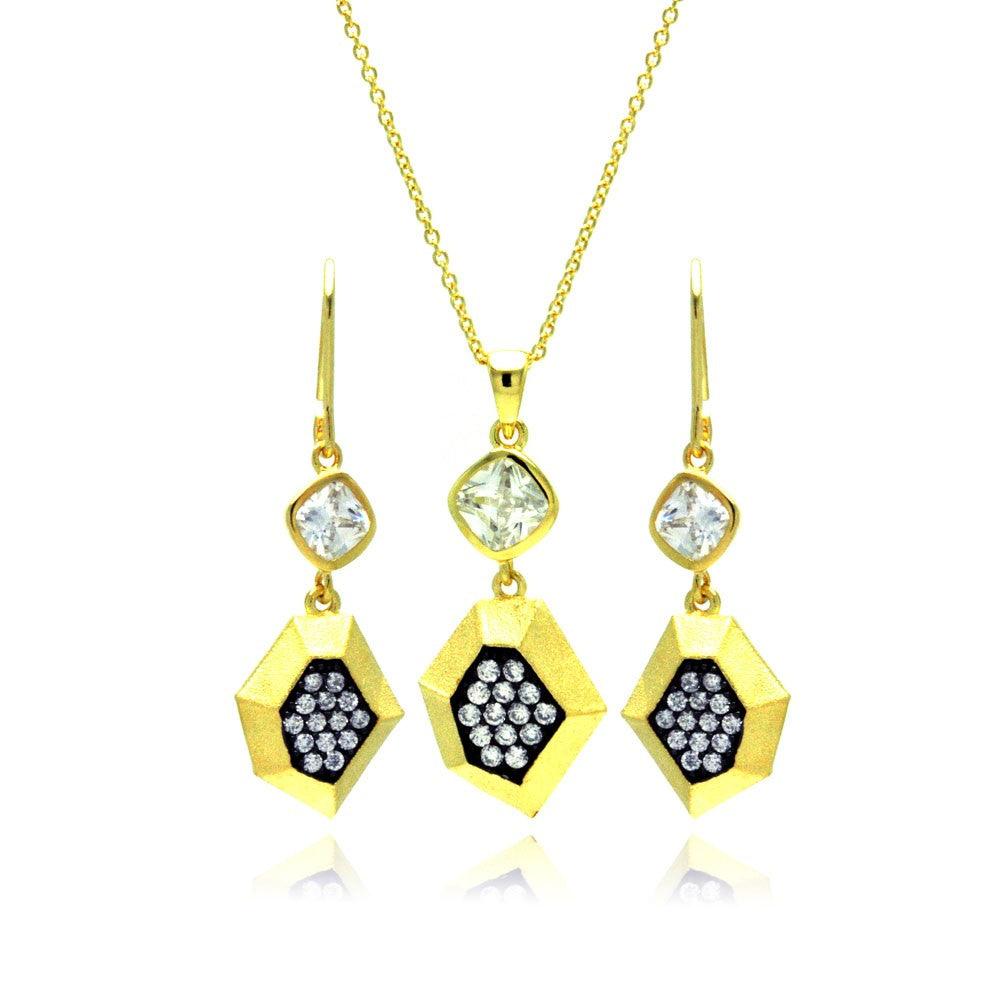 Silver 925 Gold Plated Black CZ Dangling Stud Earring and Necklace Set - STS00382