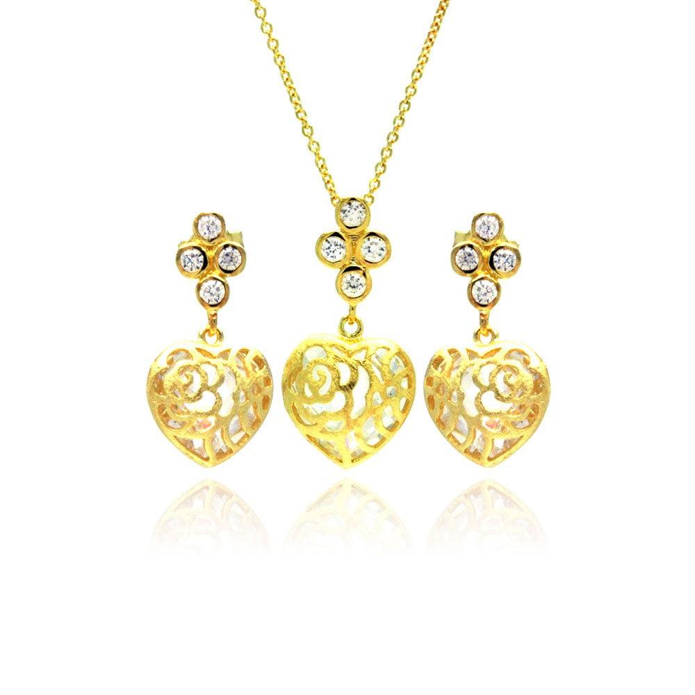 Silver 925 Gold Plated Heart Filigree CZ Dangling Stud Earring and Necklace Set - STS00383