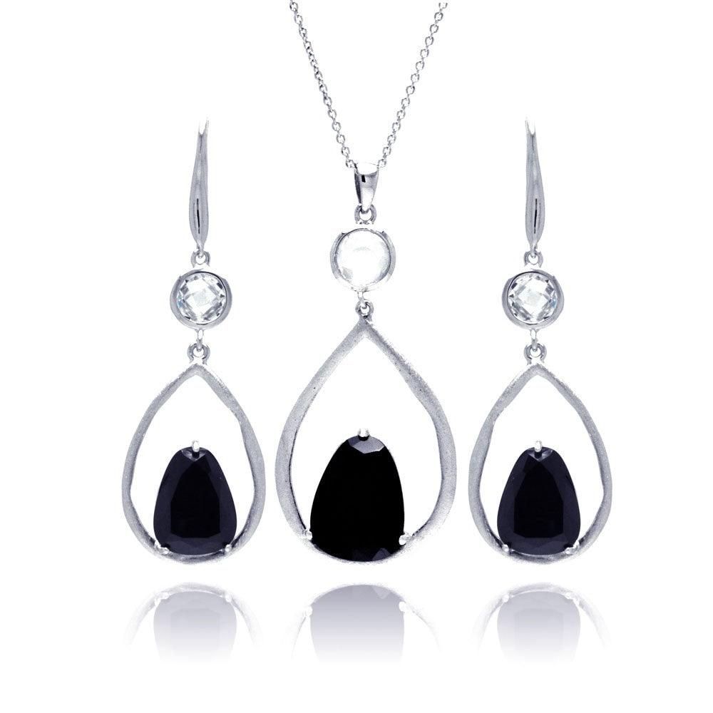 Closeout-Silver 925 Rhodium Plated Open Wide Teardrop Black CZ Earring and Necklace Set - STS00387