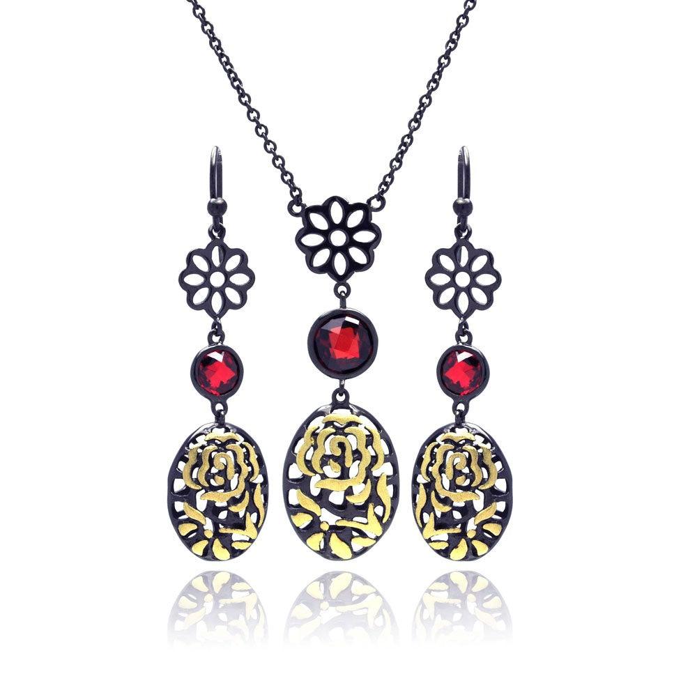 Closeout-Silver 925 Black Rhodium Gold Plated Flower Filigree Red CZ Stud Earring and Necklace Set - STS00396