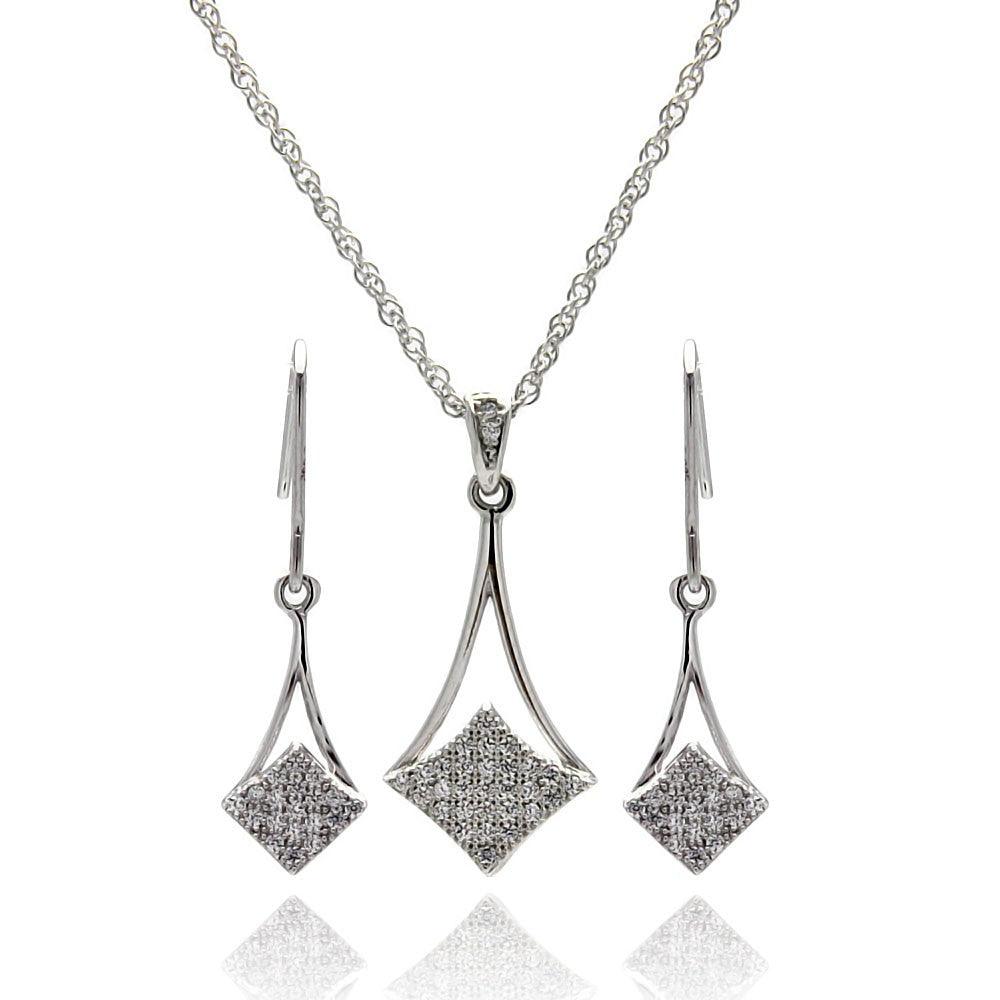 Silver 925 Rhodium Plated Micro Pave CZ Dangling Hook Earring and Necklace Set - STS00409