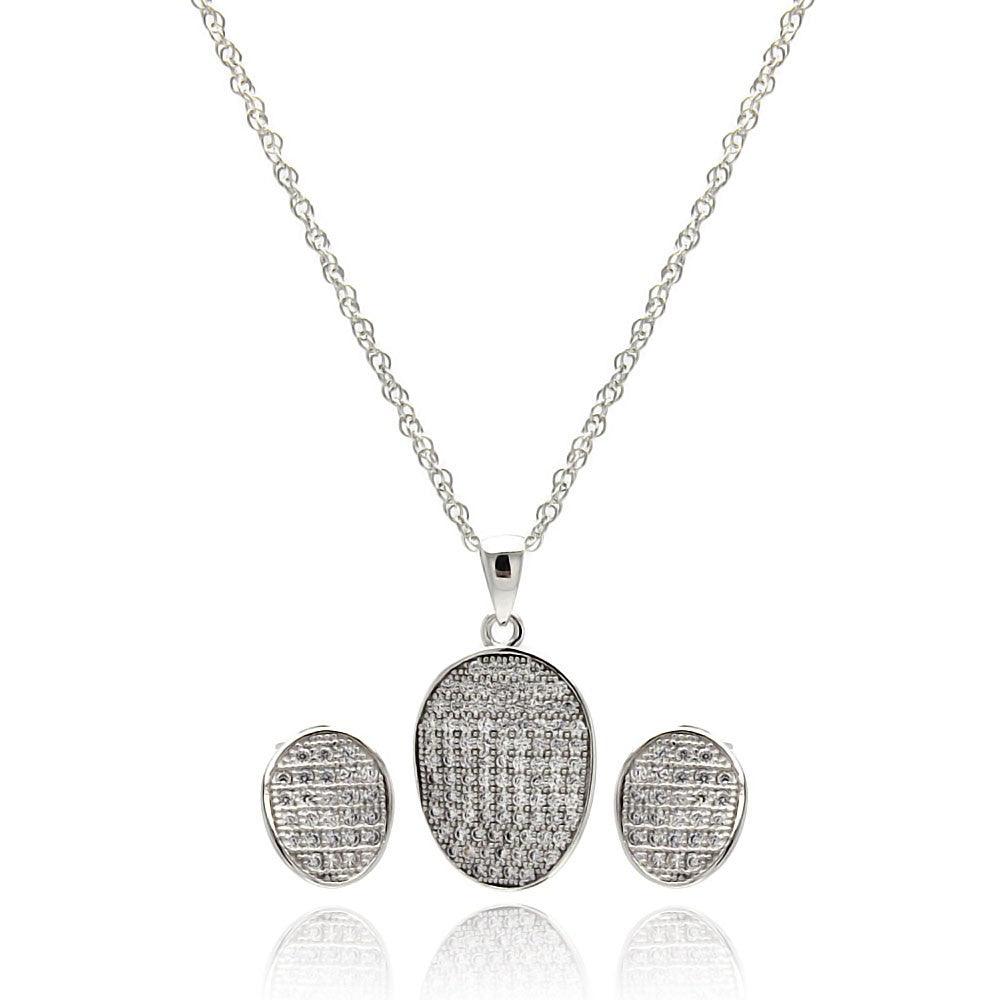 Silver 925 Rhodium Plated Oval CZ Stud Earring and Necklace Set - STS00412