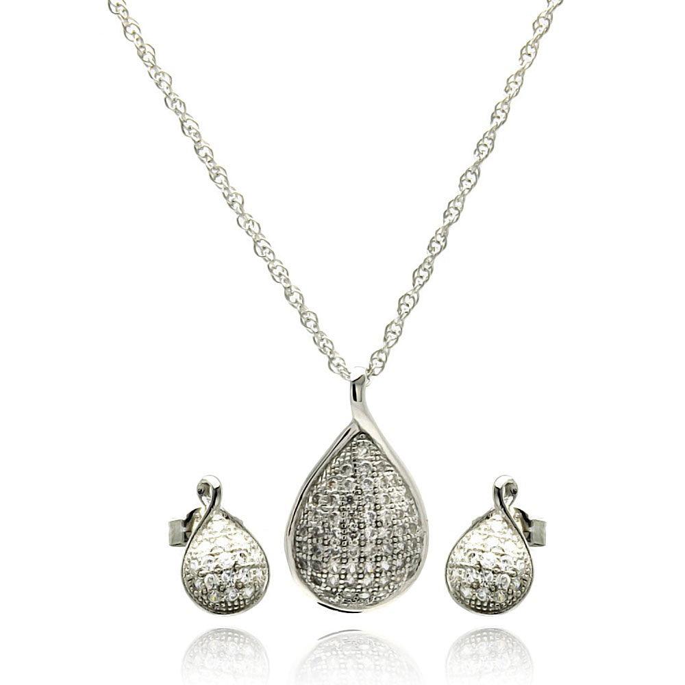 Silver 925 Rhodium Plated Teardrop CZ Stud Earring and Necklace Set - STS00414