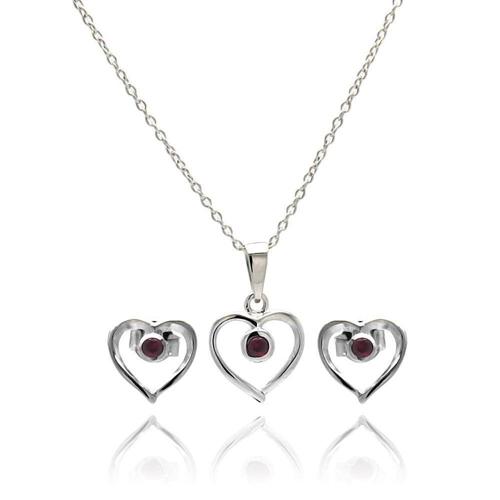 Silver 925 Rhodium Plated Open Heart Round Red CZ Stud Earring and Necklace Set - STS00416