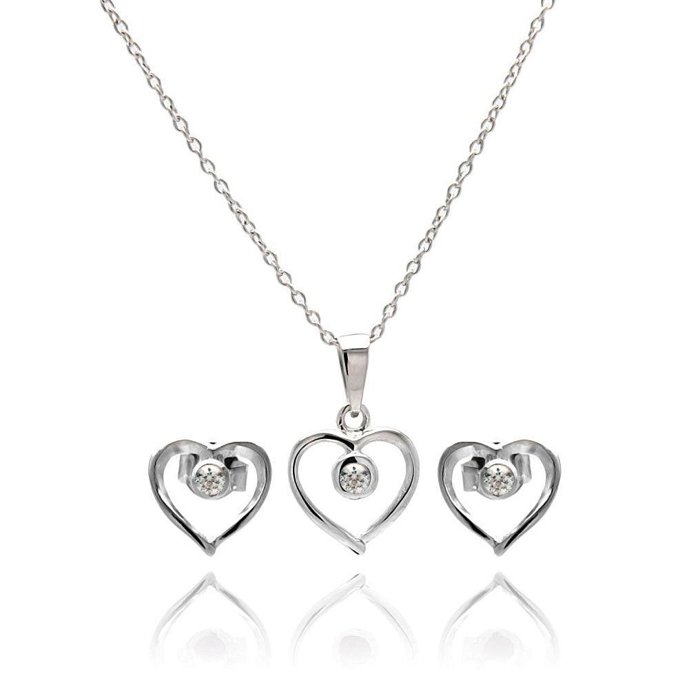 Silver 925 Rhodium Plated Open Heart Round CZ Stud Earring and Necklace Set - STS00417