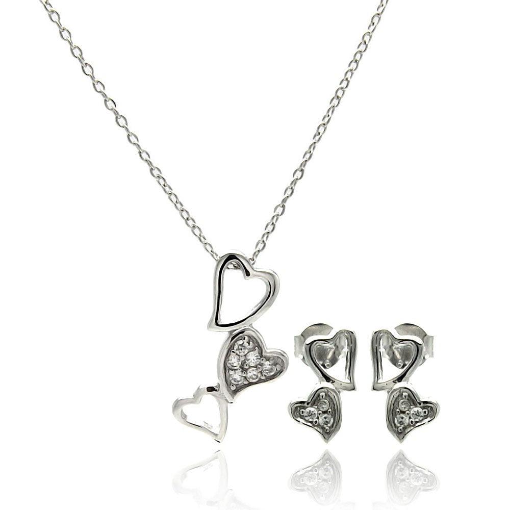 Silver 925 Rhodium Plated Multiple Open Heart CZ Dangling Stud Earring and Necklace Set - STS00418