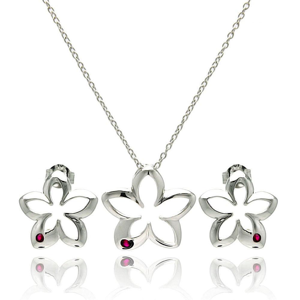 Silver 925 Rhodium Plated Open Flower Small Red Round CZ Stud Earring and Necklace Set - STS00419