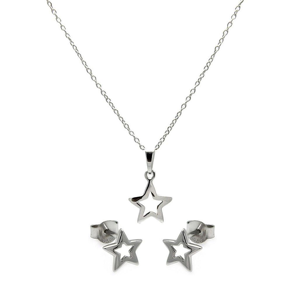 Silver 925 Rhodium Plated Open Star CZ Stud Earring and Necklace Set - STS00420