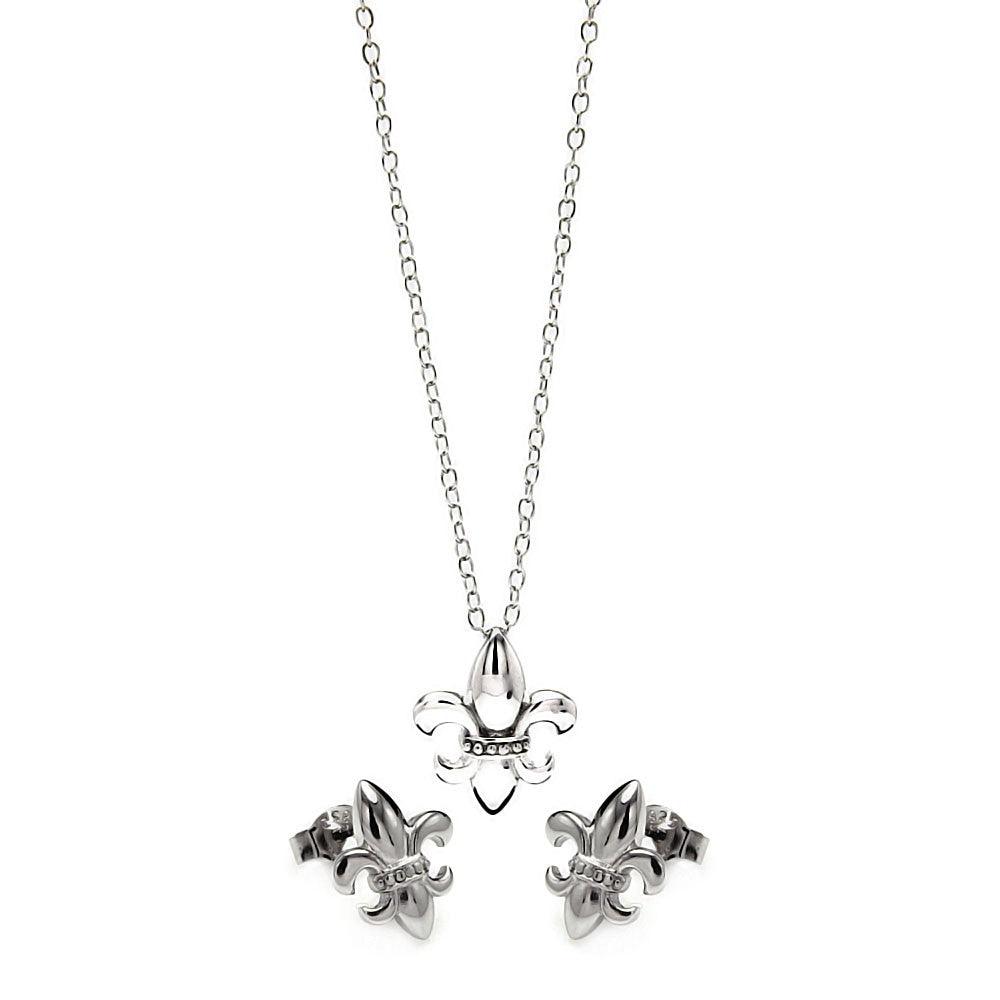 Silver 925 Rhodium Plated Fleur De Lis CZ Stud Earring and Necklace Set - STS00428