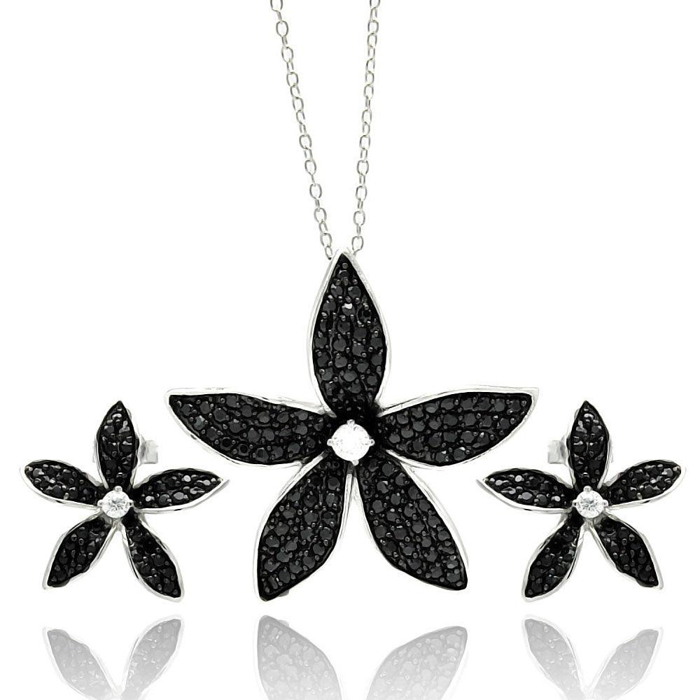 Silver 925 Rhodium Plated Black Flower CZ Stud Earring and Necklace Set - STS00429