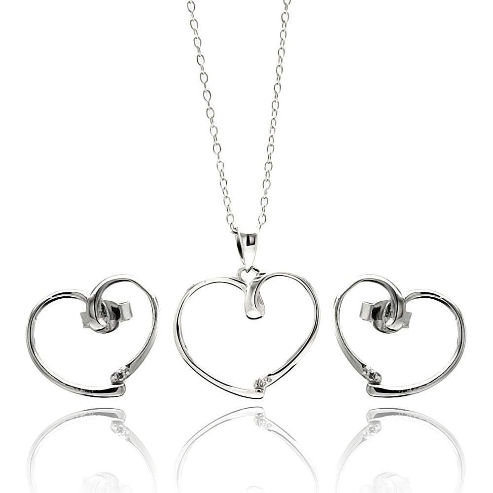 Silver 925 Rhodium Plated Open Heart CZ Stud Earring and Necklace Set - STS00433