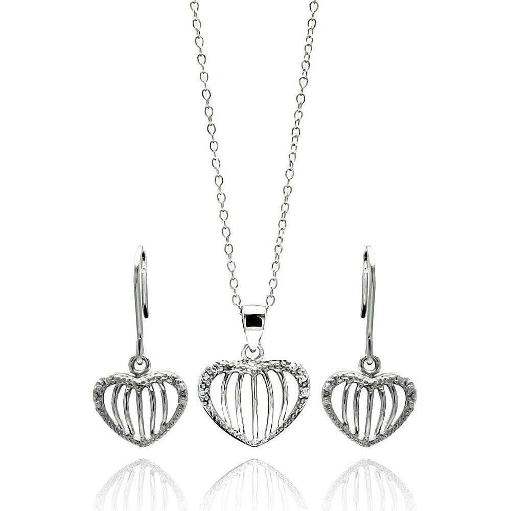 Silver 925 Rhodium Plated Open Heart Stripe CZ Stud Earring and Necklace Set - STS00434