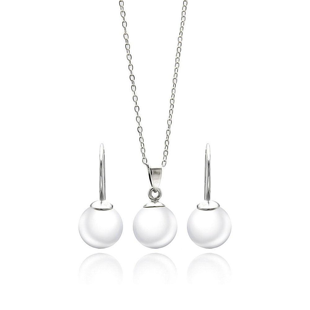 Silver 925 Rhodium Plated White Enamel Pearl Lever Back Earring and Necklace Set - STS00437