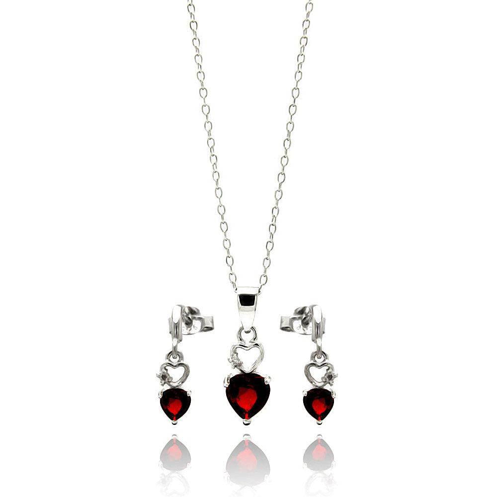 Silver 925 Rhodium Plated Open Graduated Red Heart Stud Earring and Necklace Set - STS00438