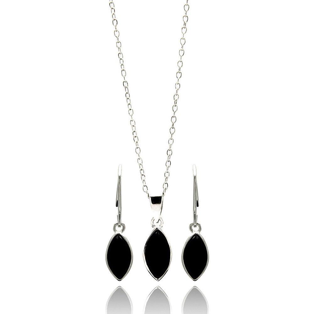 Silver 925 Rhodium Plated Black Marquis CZ Dangling Lever Back Earring and Necklace Set - STS00439