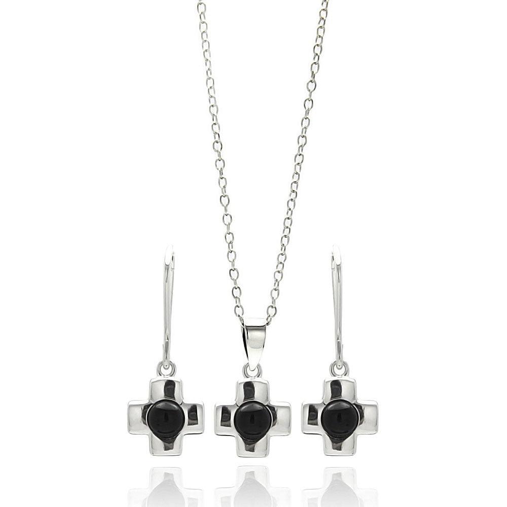 Silver 925 Rhodium Plated Cross Center Black Onyx Lever Back Dangling Earring and Necklace Set - STS00442