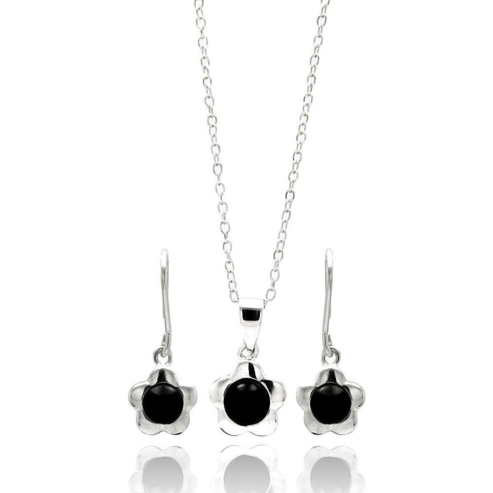 Silver 925 Rhodium Plated Flower Black Round CZ Dangling Lever Back Stud Earring and Necklace Set - STS00444