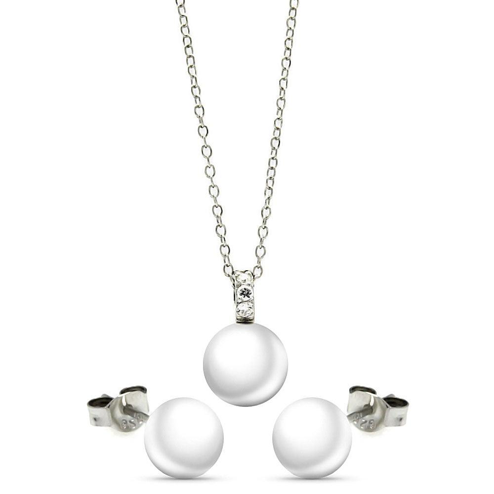 Rhodium Plated 925 Sterling Silver Pearl Stud Earring and Necklace Set - STS00447WHT