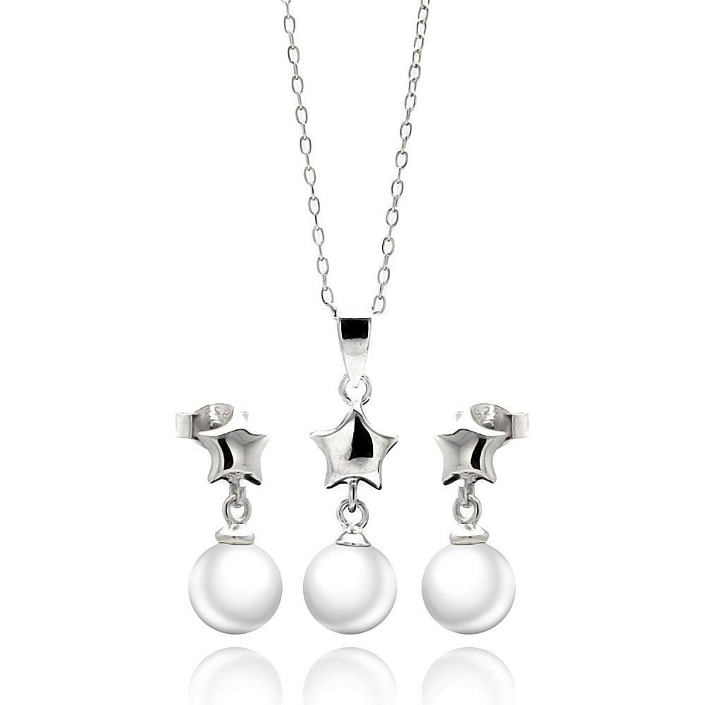 Silver 925 Rhodium Plated Star White Enamel Pearl Dangling Stud Earring and Necklace Set - STS00448