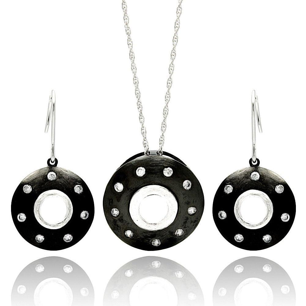 Closeout-Silver 925 Rhodium Plated Round Black Onyx CZ Hook Earring and Necklace Set - STS00449