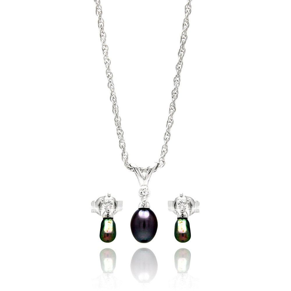 Silver 925 Rhodium Plated Small Fresh Water Black Pearl Dangling Set - STS00451