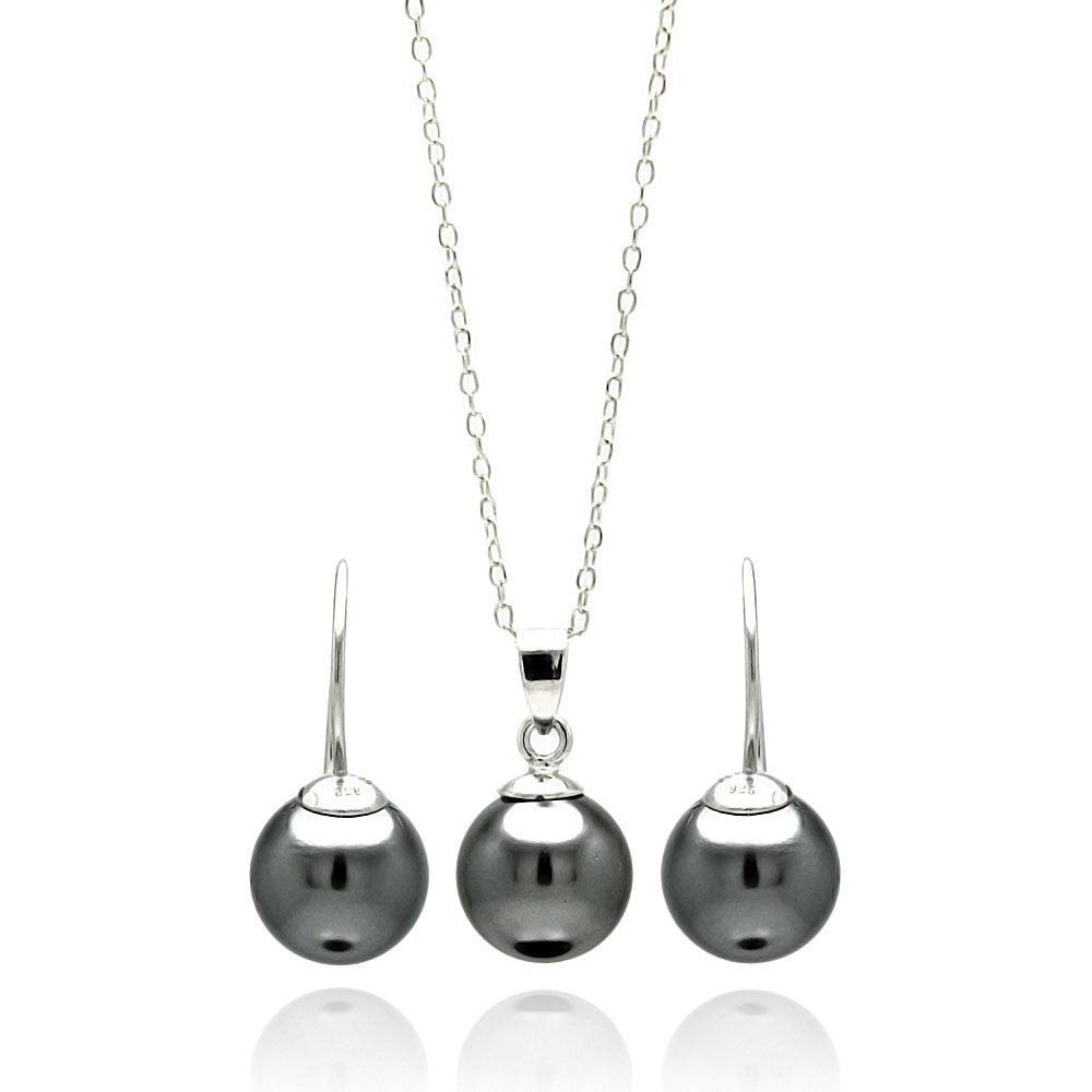 Silver 925 Rhodium Plated Black Pearl Hanging Earring and Necklace Set - STS00460