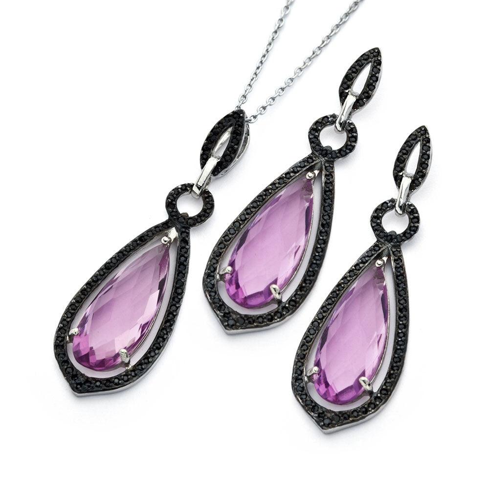 Silver 925 Black Rhodium Plated Amethyst Teardrop Hand Cut Dangling Set - STS00471