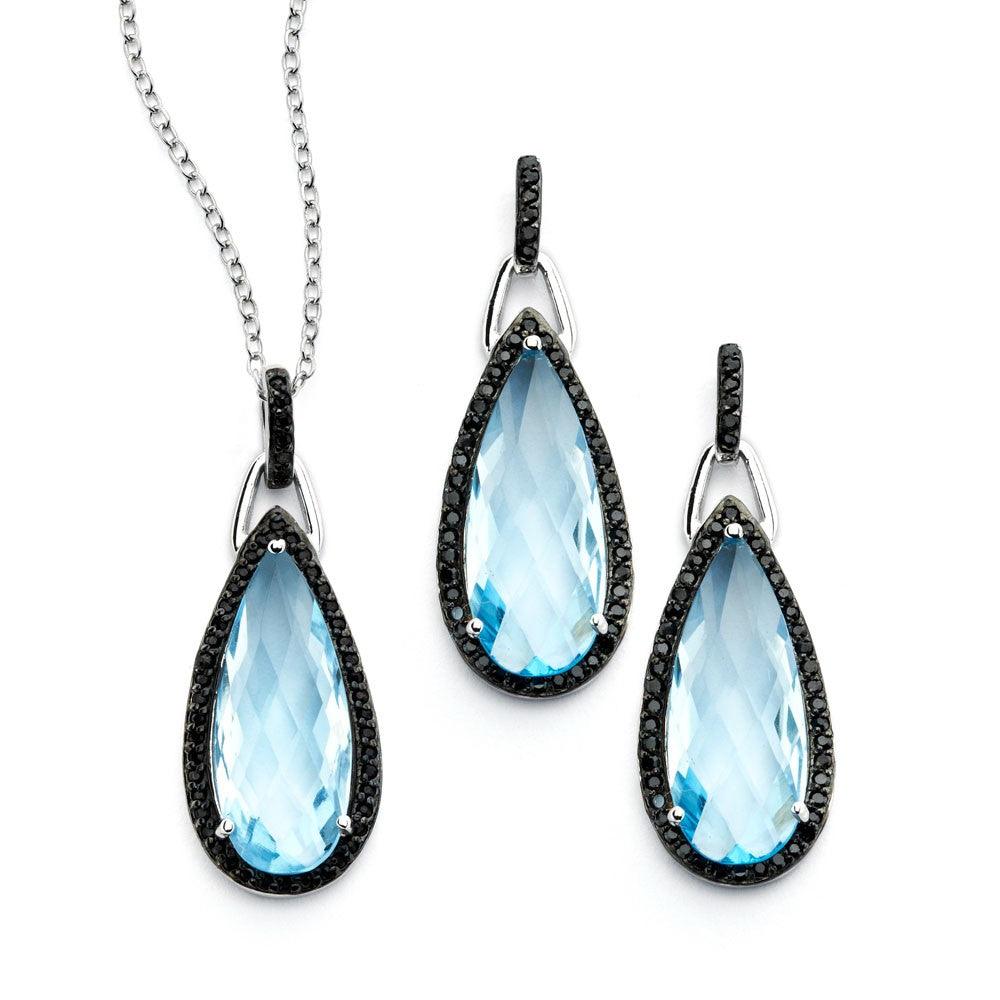 Silver 925 Black Rhodium Plated Blue Topaz Teardrop Hand Cut CZ Dangling Matching Set - STS00472