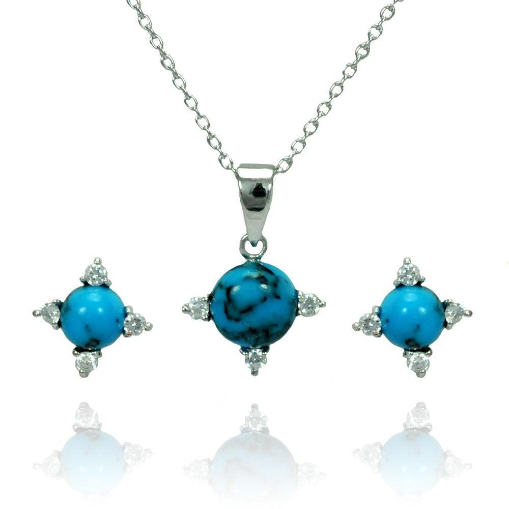 Silver 925 Rhodium Plated Blue Ball CZ Stud Earring and Necklace Set - STS00476