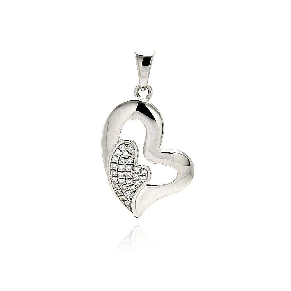 Silver 925 Rhodium Plated Open Heart Micro Pave CZ Inlay Mini Heart Dangling Pendant - ACP00091