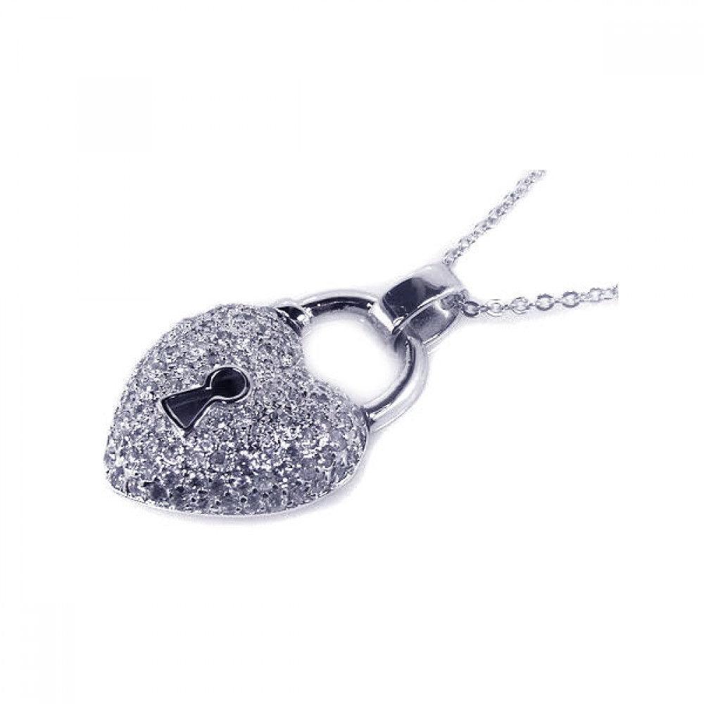 Silver 925 Clear CZ Rhodium Plated Puffed Lock Heart Pendant Necklace - BGP00030