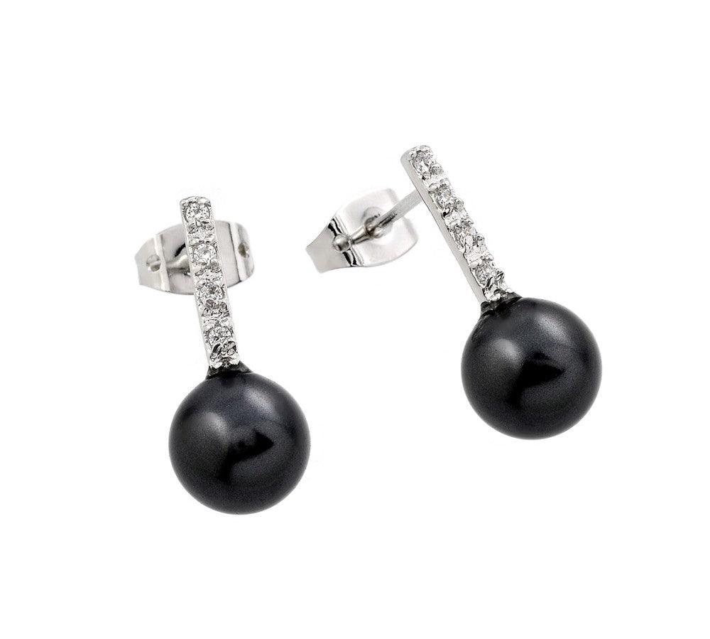 Silver 925 Rhodium Plated Channel CZ Black Pearl Stud Earrings - BGE00344