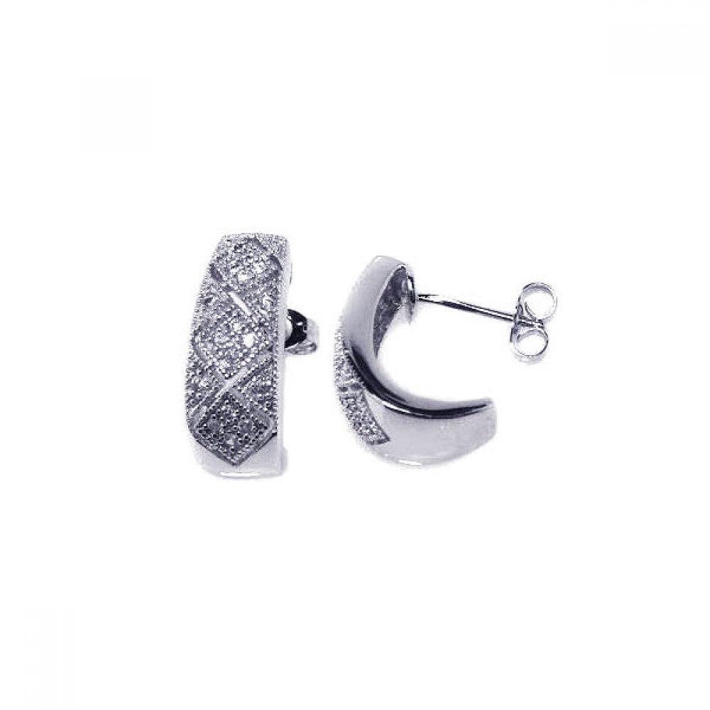 Silver 925 Rhodium Plated Crescent Micro Pave Clear CZ Stud Post Earrings - ACE00007