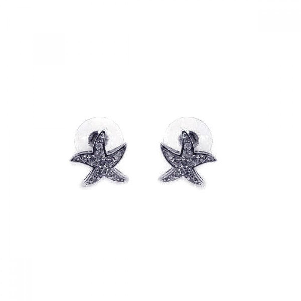 Silver 925 Rhodium Plated Clear Wavy Starfish CZ Stud Earring - BGE00006