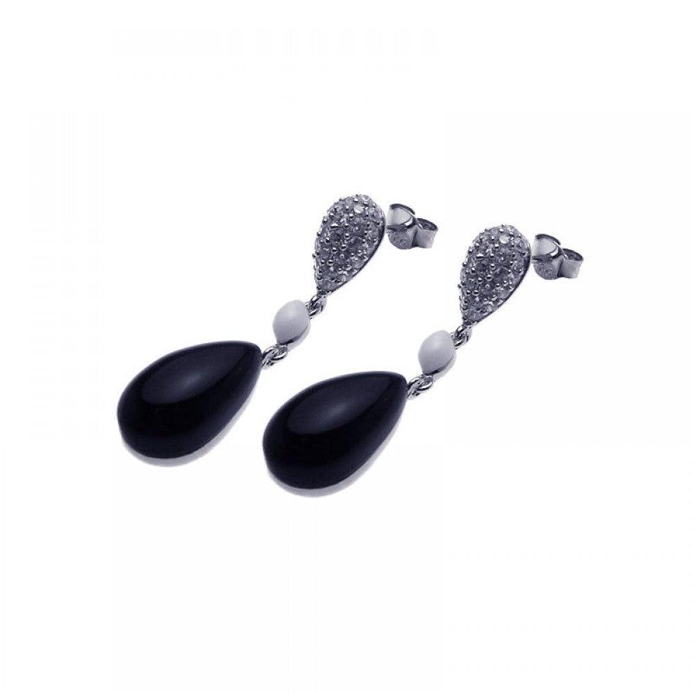 Closeout-Silver 925 Rhodium Plated Round Cookie Monster Onyx CZ Dangling Hook Earrings - BGE00096