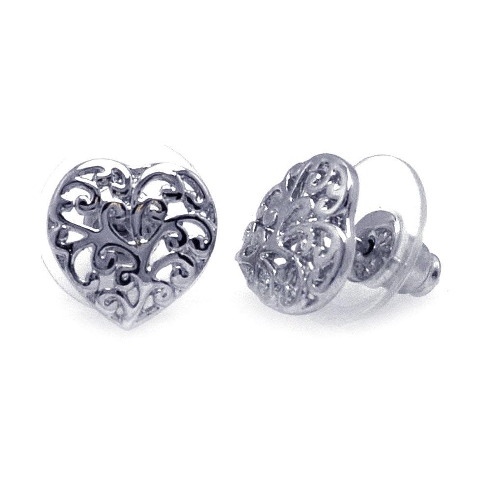 Silver 925 Rhodium Plated Open Heart Filigree Earrings - BGE00110