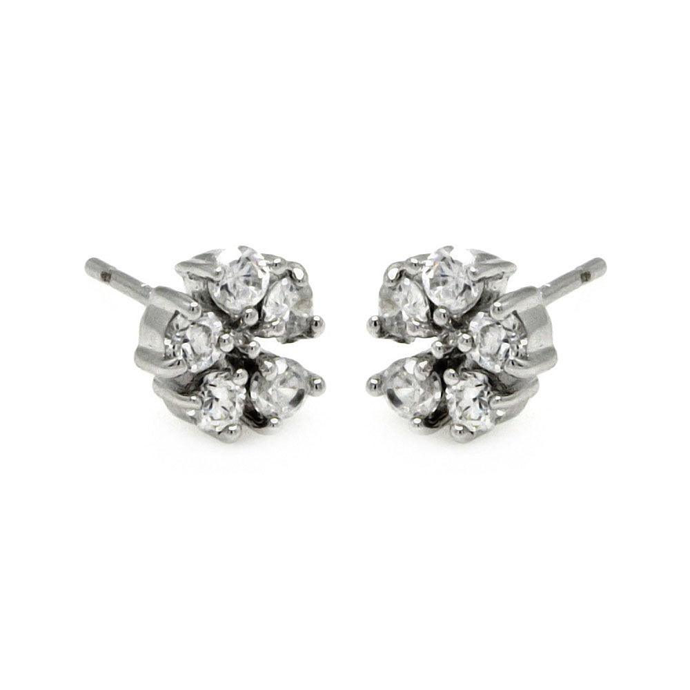 Silver 925 Rhodium Plated Flower CZ Stud Earrings - BGE00223