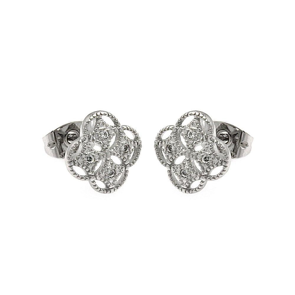 Silver 925 Rhodium Plated Clover CZ Stud Earrings - BGE00250