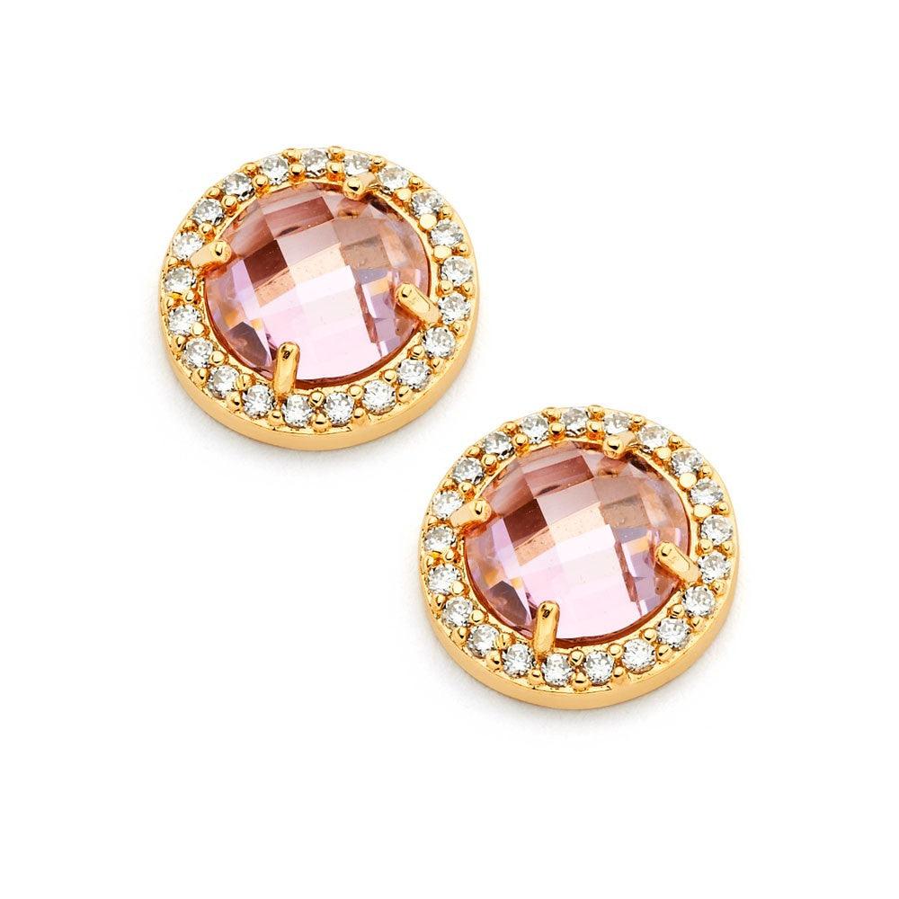 Silver 925 Gold Plated Pink Center Clear Outline CZ Stud Earrings - BGE00360PK