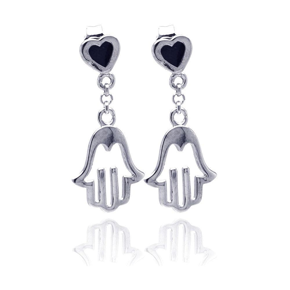 Silver 925 Rhodium Plated Black Heart CZ Open Hand Wire Dangling Earrings - STE00776