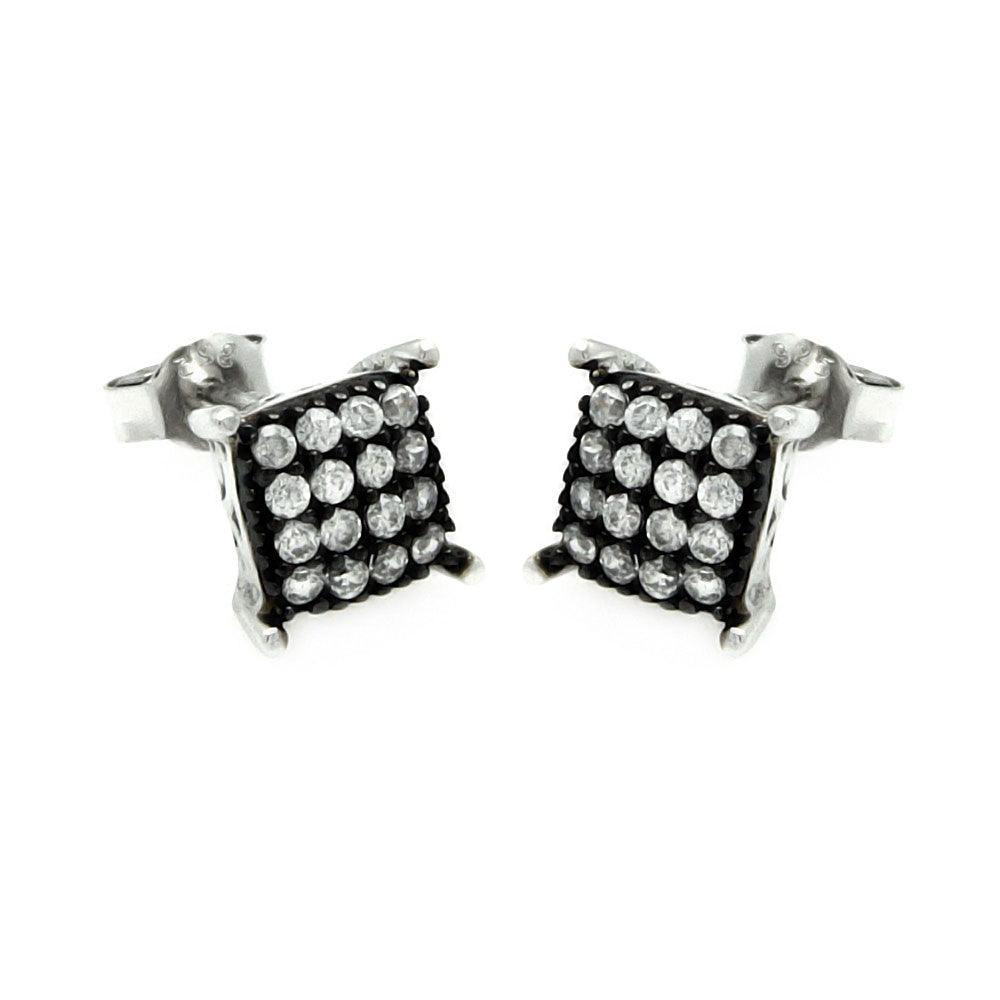 Silver 925 Black and Rhodium Plated Square CZ Post Earrings - STE00893